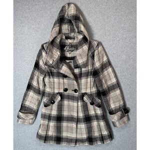 Guess Jacket Womens Medium Plaid Wool Blend Hooded Coat Missing Buttons